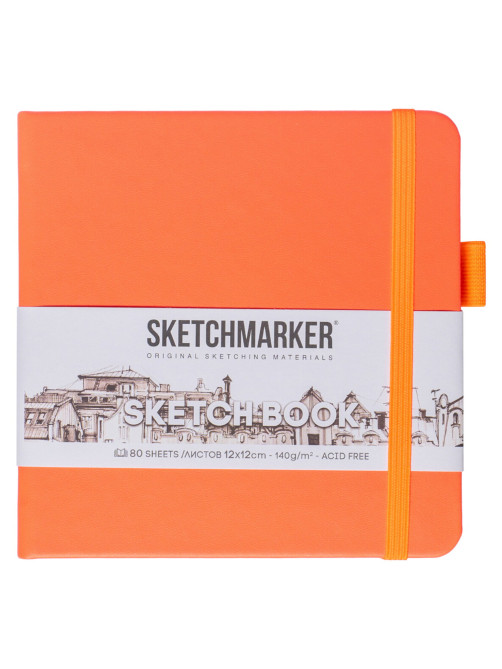 Скетчбук, слоновая кость, 140 г/м2, 120х120 мм, 80 л., КОЖЗАМ, резинка, SKETCHMARKER, 4 цвета НЕОН, 8011, 23148011OFM