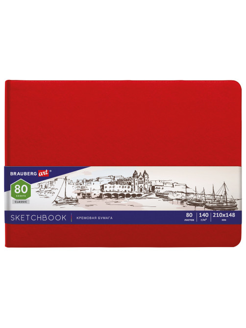 Скетчбук, слоновая кость 140 г/м2 210х148 мм, 80 л., КОЖЗАМ, резинка, BRAUBERG ART CLASSIC, красный, 113197