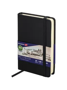 Скетчбук, слоновая кость 140 г/м2 90х140 мм, 80 л., КОЖЗАМ, резинка, BRAUBERG ART CLASSIC, черный, 113188
