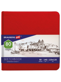 Скетчбук, слоновая кость 140 г/м2 120х120 мм, 80 л., КОЖЗАМ, резинка, BRAUBERG ART CLASSIC, красный, 113190