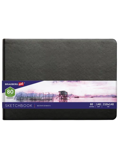 Скетчбук, белая бумага 140 г/м2 210х148 мм, 80 л., КОЖЗАМ, резинка, BRAUBERG ART CLASSIC, черный, 113182