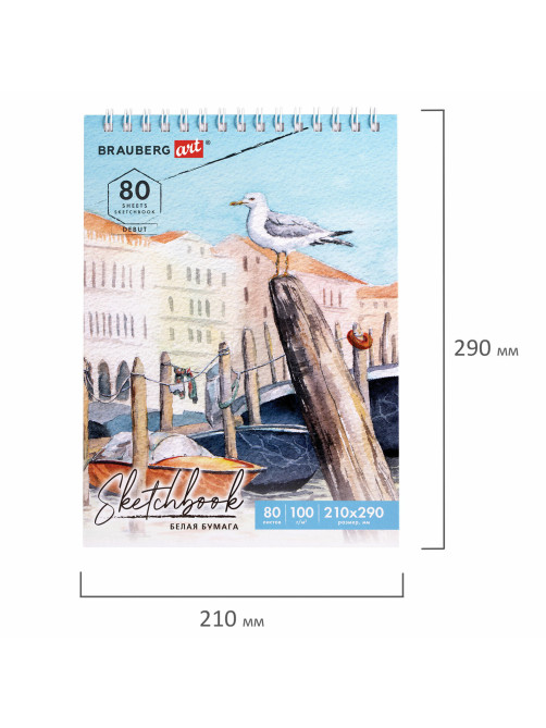 Скетчбук, белая бумага 100 г/м2, 210х290 мм, 80 л., гребень, твердая обложка, BRAUBERG ART DEBUT, 112987
