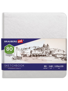 Скетчбук, слоновая кость 140 г/м2 120х120 мм, 80 л., КОЖЗАМ, резинка, BRAUBERG ART CLASSIC, белый, 113189