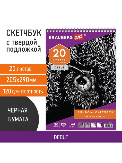 Скетчбук, черная бумага 120 г/м2, 205х290 мм, 20 л., гребень, жёсткая подложка, BRAUBERG ART DEBUT, 110995