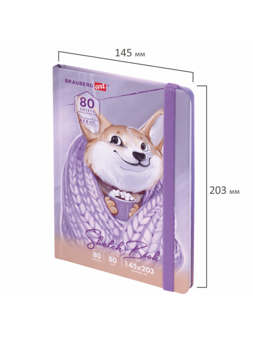 Скетчбук, белая бумага 80 г/м2, 145х203 мм, 80 л., резинка, твердый, BRAUBERG ART DEBUT 