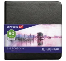 Скетчбук, белая бумага 140 г/м2 120х120 мм, 80 л., КОЖЗАМ, резинка, BRAUBERG ART CLASSIC, черный, 113181