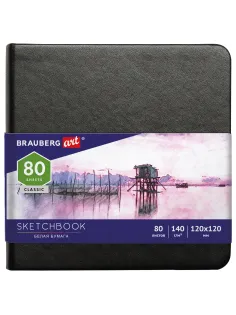 Скетчбук, белая бумага 140 г/м2 120х120 мм, 80 л., КОЖЗАМ, резинка, BRAUBERG ART CLASSIC, черный, 113181