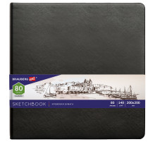 Скетчбук, слоновая кость 140 г/м2 200х200 мм, 80 л., КОЖЗАМ, резинка, BRAUBERG ART CLASSIC, черный, 113196