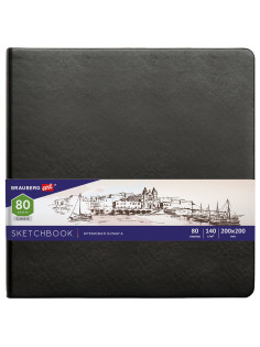 Скетчбук, слоновая кость 140 г/м2 200х200 мм, 80 л., КОЖЗАМ, резинка, BRAUBERG ART CLASSIC, черный, 113196