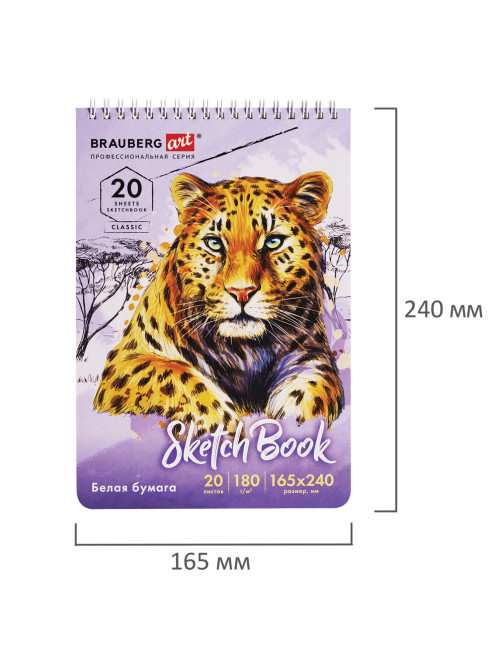 Скетчбук, белая бумага 180 г/м2, 165х240 мм, 20 л., гребень, твердая обложка, BRAUBERG ART CLASSIC, 112993