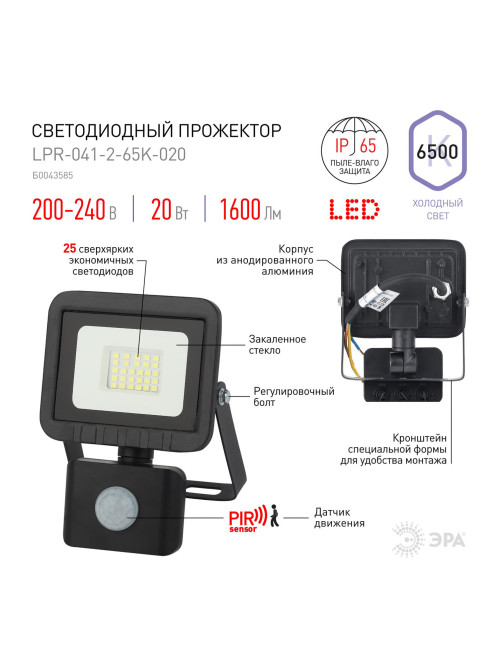 Прожектор светодиодный ЭРА, датчик движения, 20(175) Вт, 6500К, 1600 Лм, IP65, черный, LPR-041-2-65K-020, Б0043585