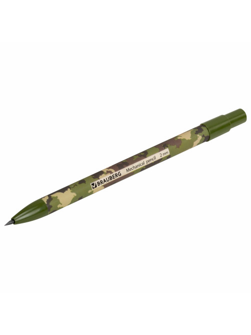 Карандаш механический цанговый 2 мм, BRAUBERG PRINT MILITARY, HB, встроенная точилка, корпус ассорти, 181962