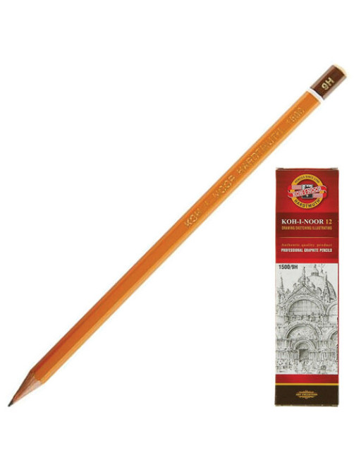 Карандаш чернографитный KOH-I-NOOR 1500, 1 шт., 9H, корпус желтый, заточенный, 150009H01170