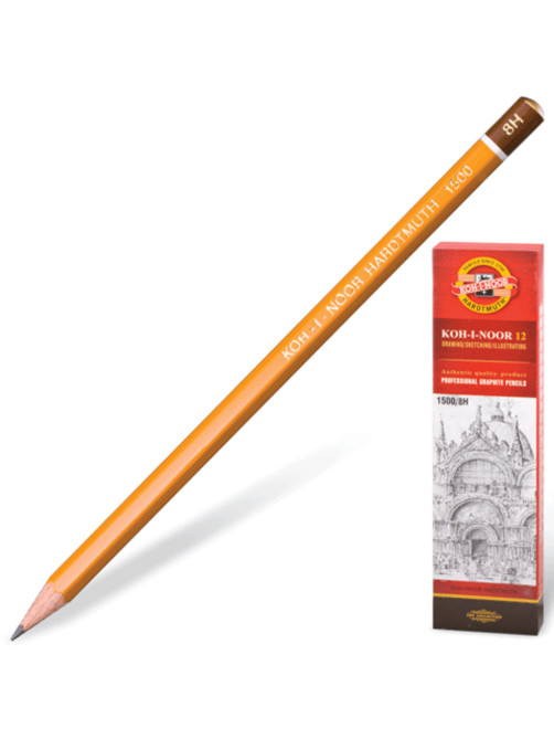 Карандаш чернографитный KOH-I-NOOR 1500, 1 шт., 8H, корпус желтый, заточенный, 150008H01170