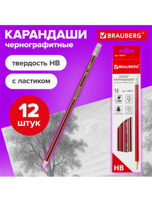 Карандаши чернографитные BRAUBERG НАБОР 12 шт., 