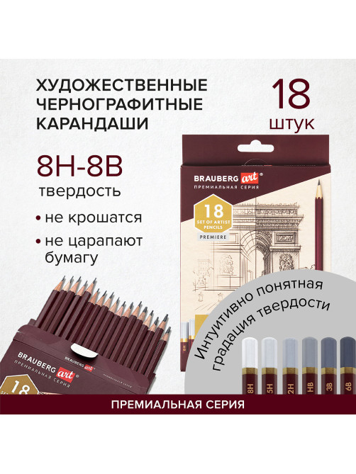 Карандаши чернографитные профессиональные 8H-8B НАБОР 18 штук, BRAUBERG ART 
