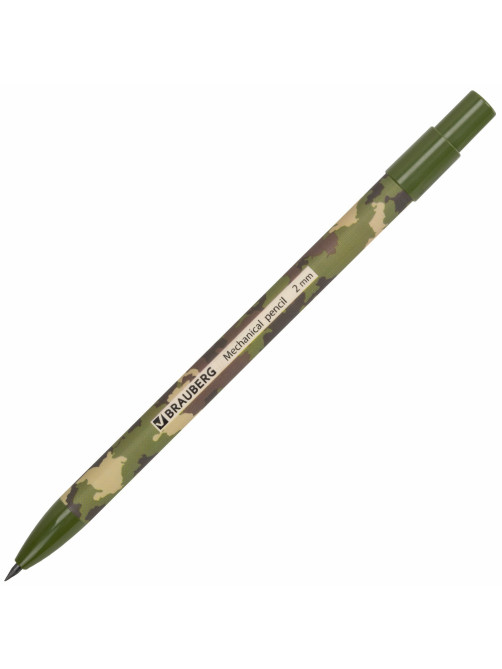 Карандаш механический цанговый 2 мм, BRAUBERG PRINT MILITARY, HB, встроенная точилка, корпус ассорти, 181962