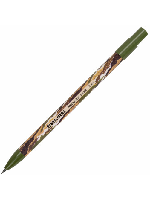 Карандаш механический цанговый 2 мм, BRAUBERG PRINT MILITARY, HB, встроенная точилка, корпус ассорти, 181962