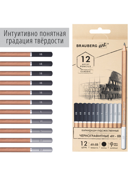 Карандаши художественные чернографитные 4H-8B, НАБОР 12 штук, BRAUBERG ART 