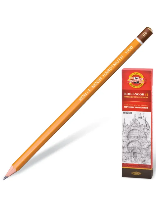 Карандаш чернографитный KOH-I-NOOR 1500, 1 шт., 3H, корпус желтый, заточенный, 150003H01170RU