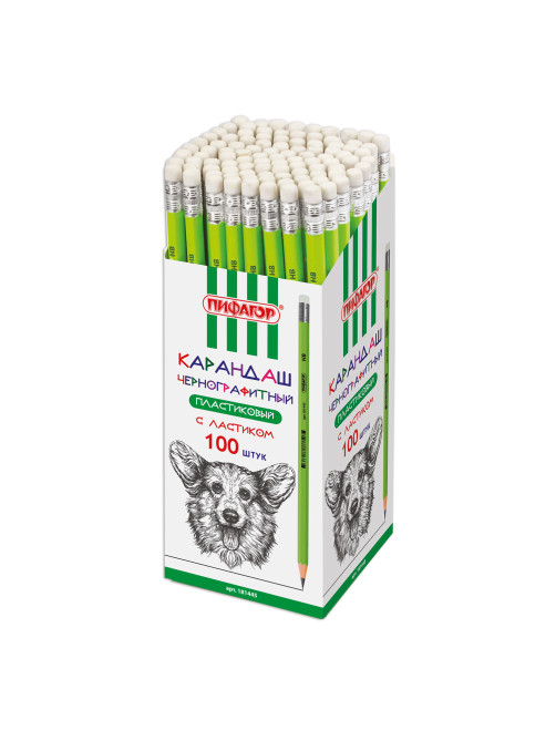 Карандаш чернографитный ПИФАГОР, 1 шт., НВ, пластиковый, корпус салатовый, с ластиком, 181445