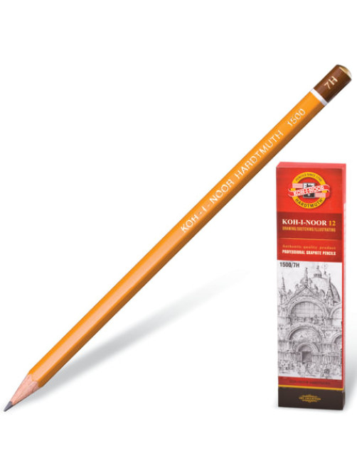 Карандаш чернографитный KOH-I-NOOR 1500, 1 шт., 7H, корпус желтый, заточенный, 150007H01170