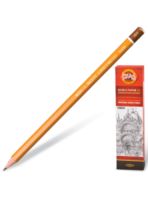 Карандаш чернографитный KOH-I-NOOR 1500, 1 шт., 6H, корпус желтый, заточенный, 150006H01170