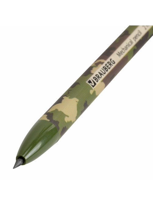Карандаш механический цанговый 2 мм, BRAUBERG PRINT MILITARY, HB, встроенная точилка, корпус ассорти, 181962