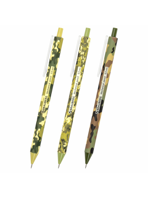 Карандаш механический 0,5 мм, BRAUBERG SOFT PRINT MILITARY, HB, корпус soft-touch ассорти, 181959