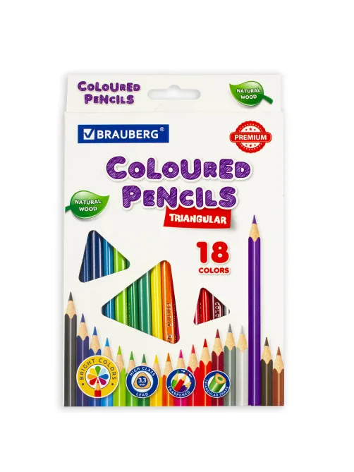 Карандаши цветные BRAUBERG PREMIUM, 18 цветов, трехгранные, грифель 3,3 мм, натуральное дерево, 181652