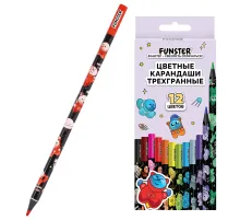 Карандаши цветные FUNSTER (ФАНСТЕР) AMONG CATS, 12 цветов, черный корпус с принтом, трехгранные, 182066