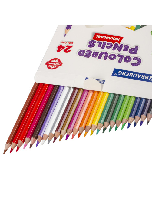 Карандаши цветные BRAUBERG PREMIUM, 24 цвета, шестигранные, грифель 3,3 мм, натуральное дерево, 181658