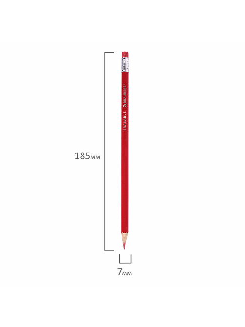 Карандаши цветные стираемые с ластиком BRAUBERG ERASABLE, 12 цветов, шестигранные, грифель 3 мм, натуральное дерево, 181932