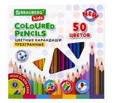 Карандаши цветные BRAUBERG KIDS NEW, 50 цветов, трехгранные, грифель 3 мм, 182004