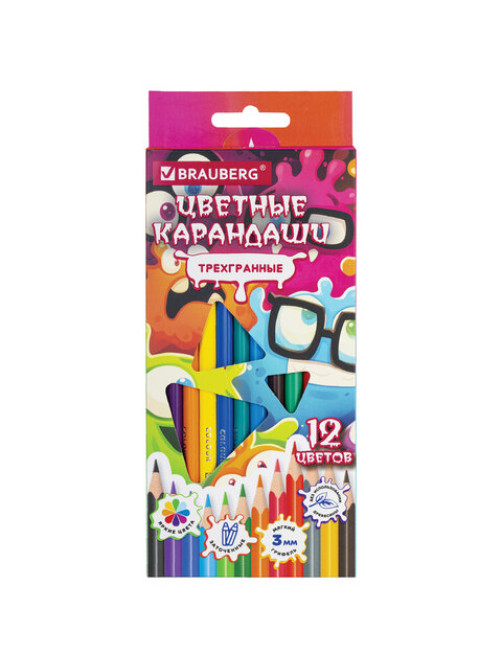 Карандаши цветные кросс-серия МОНСТРИКИ, 12 цветов, трехгранные, BRAUBERG, 182112