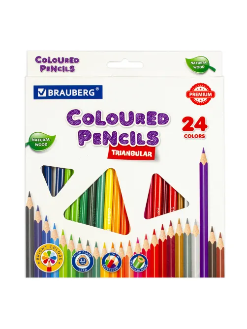 Карандаши цветные BRAUBERG PREMIUM, 24 цвета, трехгранные, грифель 3,3 мм, натуральное дерево, 181653