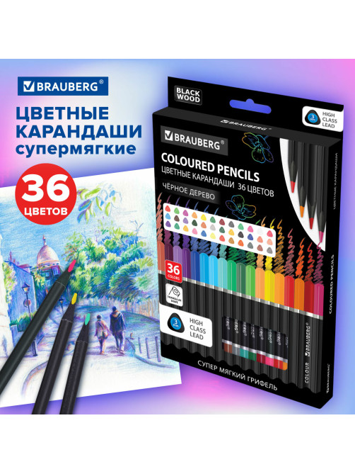 Карандаши цветные чёрное дерево BRAUBERG BLACK WOOD, 36 цветов, мягкий грифель 3 мм, 182042