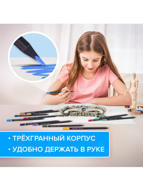 Карандаши цветные чёрное дерево BRAUBERG BLACK WOOD, 24 цвета, трехгранные, мягкий грифель 3 мм, 181949
