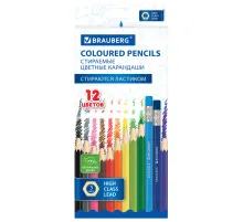 Карандаши цветные стираемые с ластиком BRAUBERG ERASABLE, 12 цветов, шестигранные, грифель 3 мм, натуральное дерево, 181932
