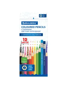 Карандаши цветные стираемые с ластиком BRAUBERG ERASABLE, 12 цветов, шестигранные, грифель 3 мм, натуральное дерево, 181932