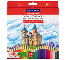 Карандаши цветные мягкие BRAUBERG АКАДЕМИЯ, 24 цвета, шестигранные, грифель 3 мм, натуральное дерево, 181866
