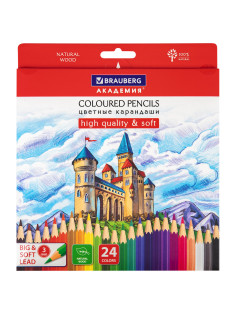 Карандаши цветные мягкие BRAUBERG АКАДЕМИЯ, 24 цвета, шестигранные, грифель 3 мм, натуральное дерево, 181866