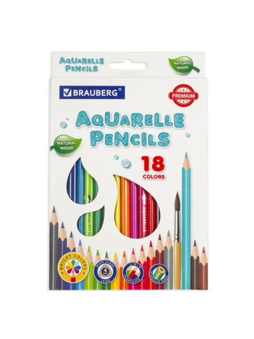 Карандаши цветные акварельные BRAUBERG PREMIUM AQUARELLE, 18 цветов, трехгранные, утолщенный грифель 4 мм, натуральное дерево, 181672