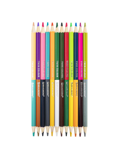 Карандаши цветные двусторонние BRAUBERG PREMIUM TWIN COLOUR, 12 штук, 24 цвета, шестигранные, грифель 3,3 мм, натуральное дерево, 181874