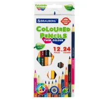Карандаши цветные двусторонние BRAUBERG PREMIUM TWIN COLOUR, 12 штук, 24 цвета, шестигранные, грифель 3,3 мм, натуральное дерево, 181874