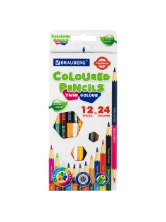 Карандаши цветные двусторонние BRAUBERG PREMIUM TWIN COLOUR, 12 штук, 24 цвета, шестигранные, грифель 3,3 мм, натуральное дерево, 181874