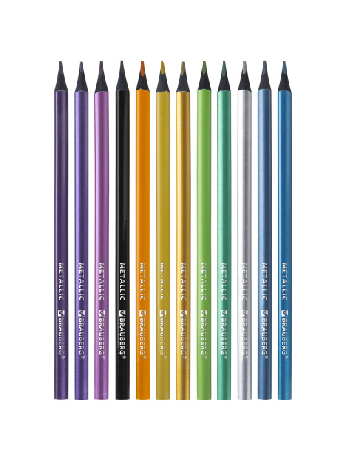 Карандаши цветные BRAUBERG METALLIC, 12 цветов металлик, трехгранные, грифель 3 мм, черное дерево, 181853