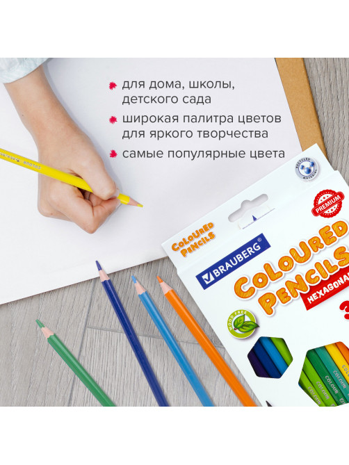 Карандаши цветные BRAUBERG PREMIUM, 12 цветов, шестигранные, грифель 3 мм, 181666