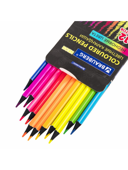 Карандаши цветные BRAUBERG NEON, 12 неоновых цветов, трехгранные, грифель 3 мм, черное дерево, 181852