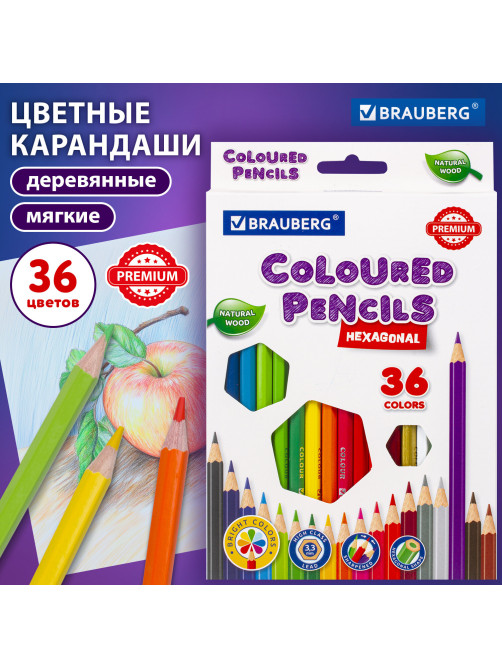 Карандаши цветные BRAUBERG PREMIUM, 36 цветов, шестигранные, грифель 3,3 мм, натуральное дерево, 181659